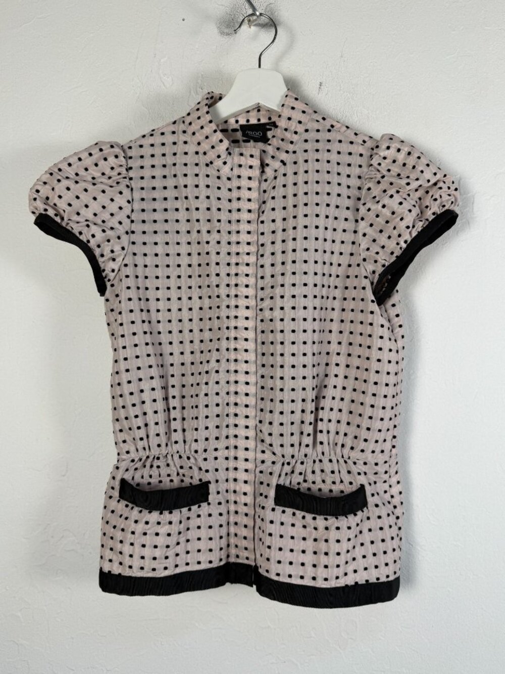 iROO Moderato Pink Black Grid Polka Dot Puff Sleeve Blouse Mock Neck Pockets 30